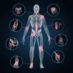 Anatomical illustration highlighting common joint pain areas in the human body for physiotherapy and lifestyle correction